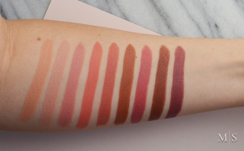 Swatches L to R: Hot Sand, Purely Nude, Peach Buff, Honey Pink, Naked Coral, Raw Choc...